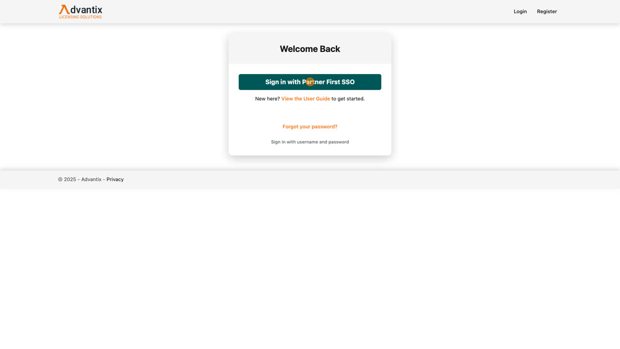 On the login page, click Sign in with Partner First SSO. You will be taken to the TD Synnex Partner First page to authenticate with your Partner First credentials — the same ones you already use with TD Synnex — and then returned to the portal automatically.