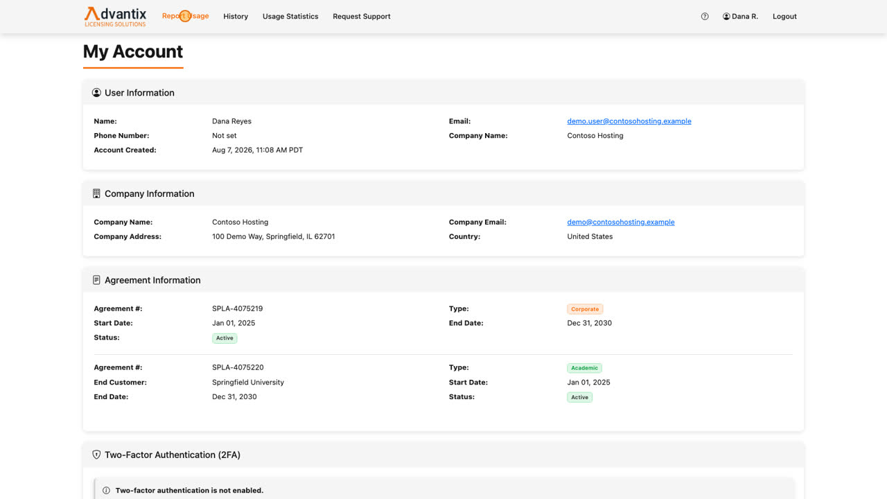 Once Partner First confirms your identity, you land here — on the My Account page. Across the top you will find the navigation menu: Report Usage, where you enter your monthly numbers; History, where past reports live; Usage Statistics, for totals and trends; and Request Support, if you ever need help.