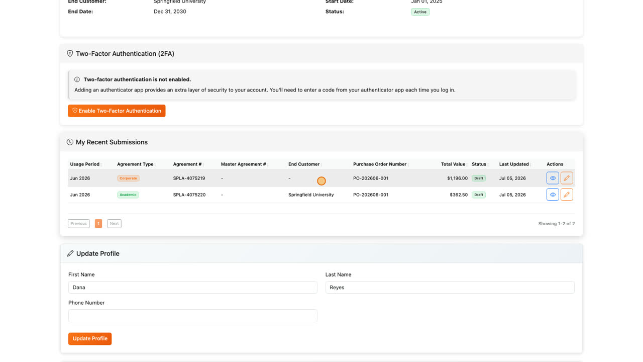 The Recent Submissions table shows your latest usage reports at a glance, including the period, the agreement, and the current status of each report.