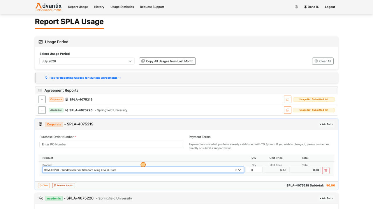 Let’s report the Corporate agreement. Click Add Entry on its card, then pick a product from the dropdown. You can type to search. The unit price fills in automatically from your agreement pricing.