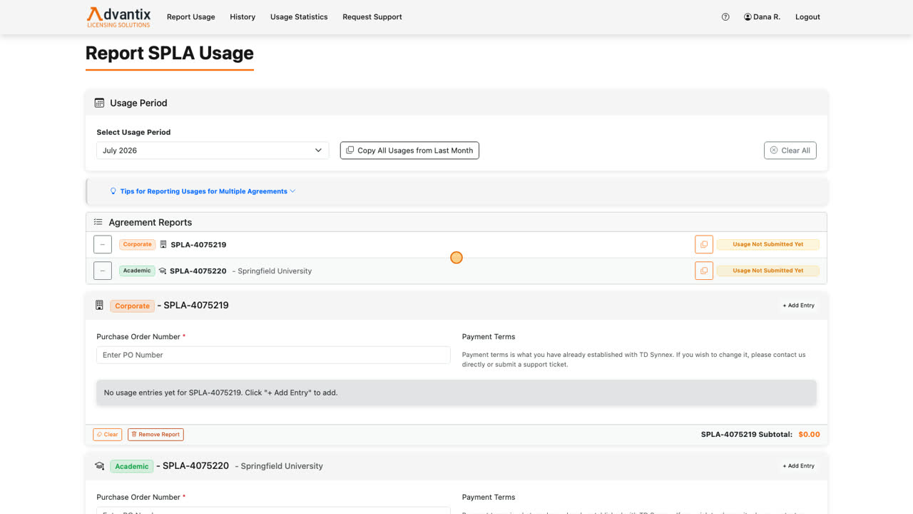 The Agreement Reports list shows every agreement in your company. Corporate agreements carry an orange badge, and Academic agreements a green one, with the end customer name alongside. The plus and minus buttons add or remove an agreement’s report card below.