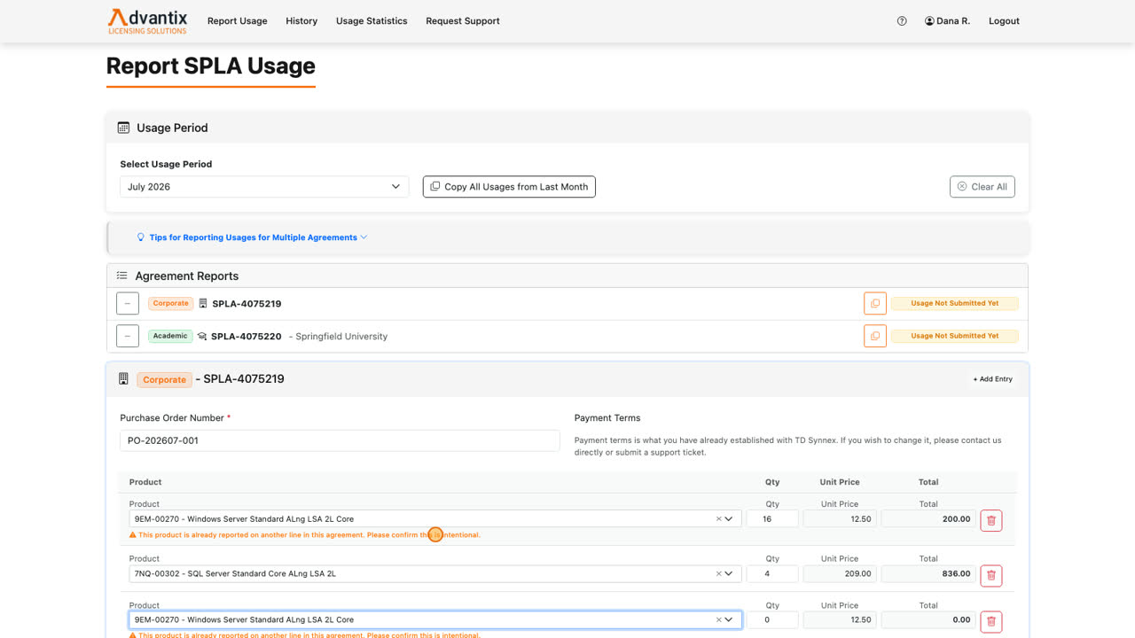 If you pick a product that is already on another line, an orange warning appears on both rows. It will not block your report — sometimes duplicates are intentional — but it asks you to confirm that’s what you meant.