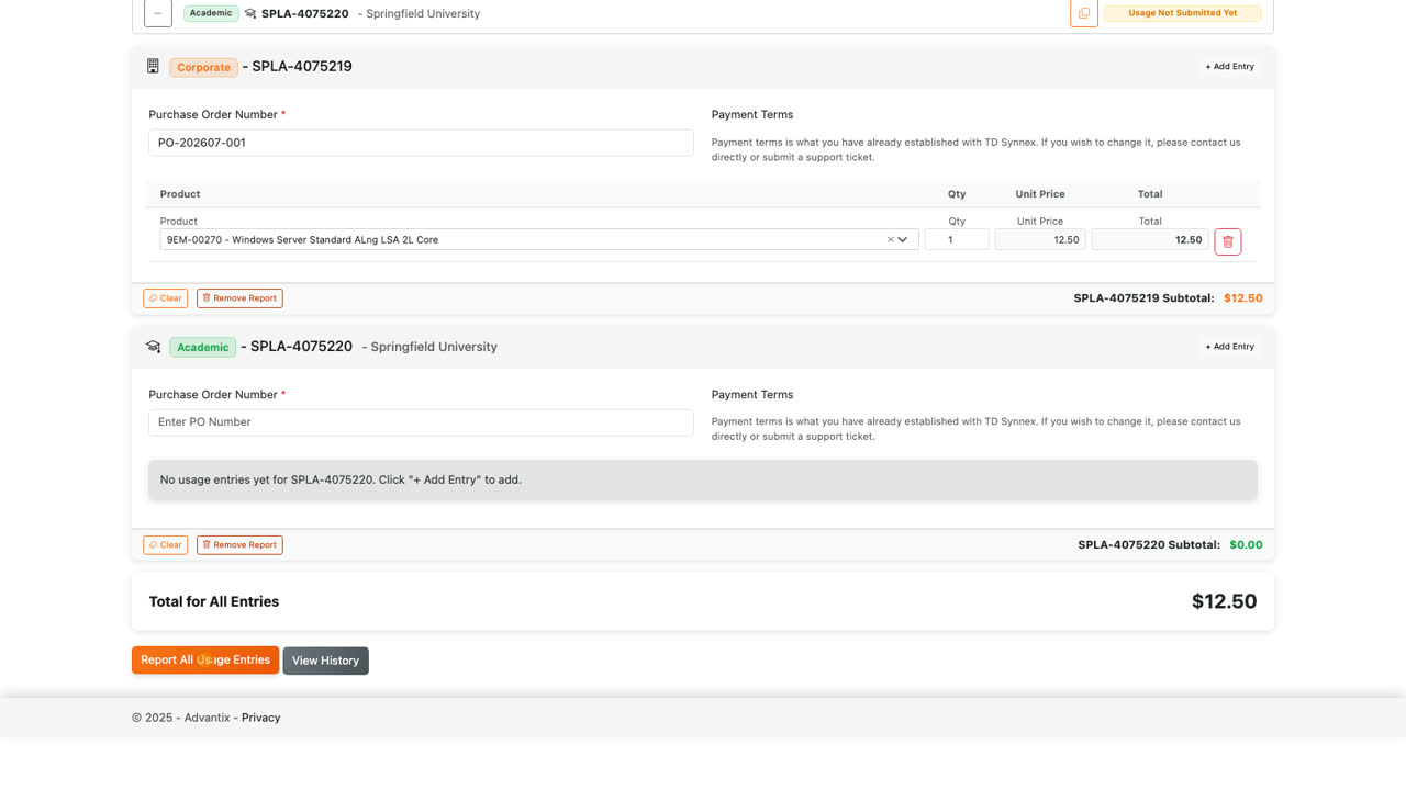 One important rule: each agreement must total at least one hundred dollars to meet Microsoft SPLA compliance requirements. If we try to report now, the portal stops us and explains why.
