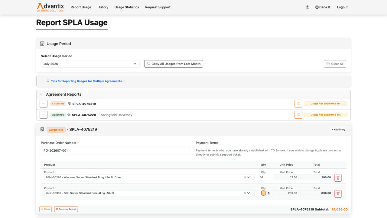 Add a row for each product you host. Click Add Entry again and report SQL Server Standard — four two-core licenses this month.