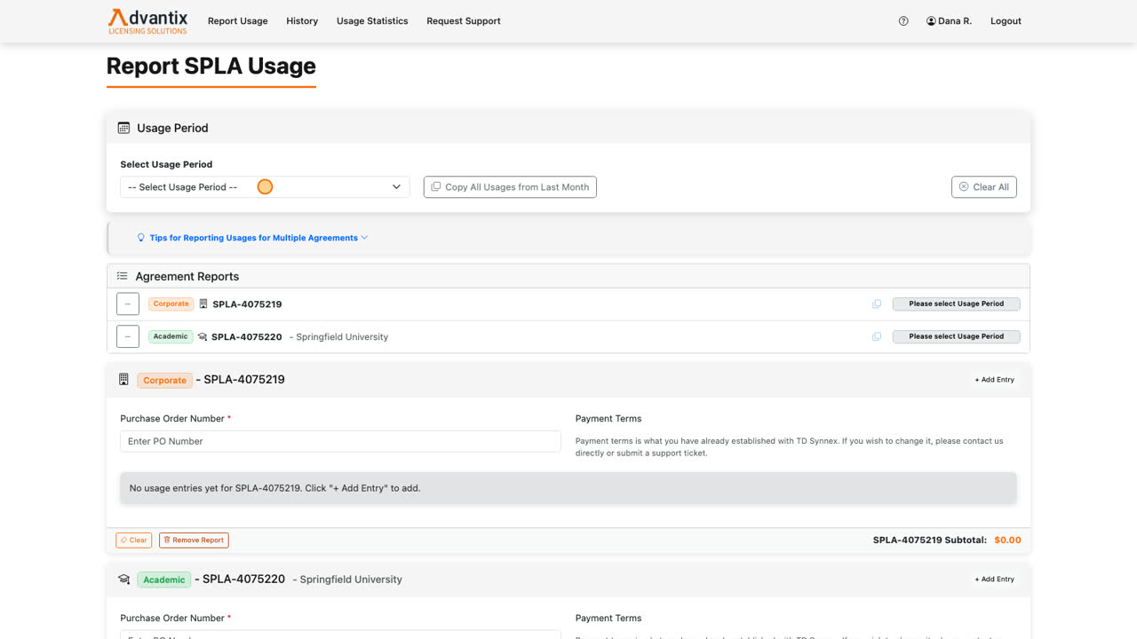 This is the Report Usage page, where you record your monthly SPLA usage. Notice that the agreement cards are disabled: the first thing to do, always, is select the usage period.