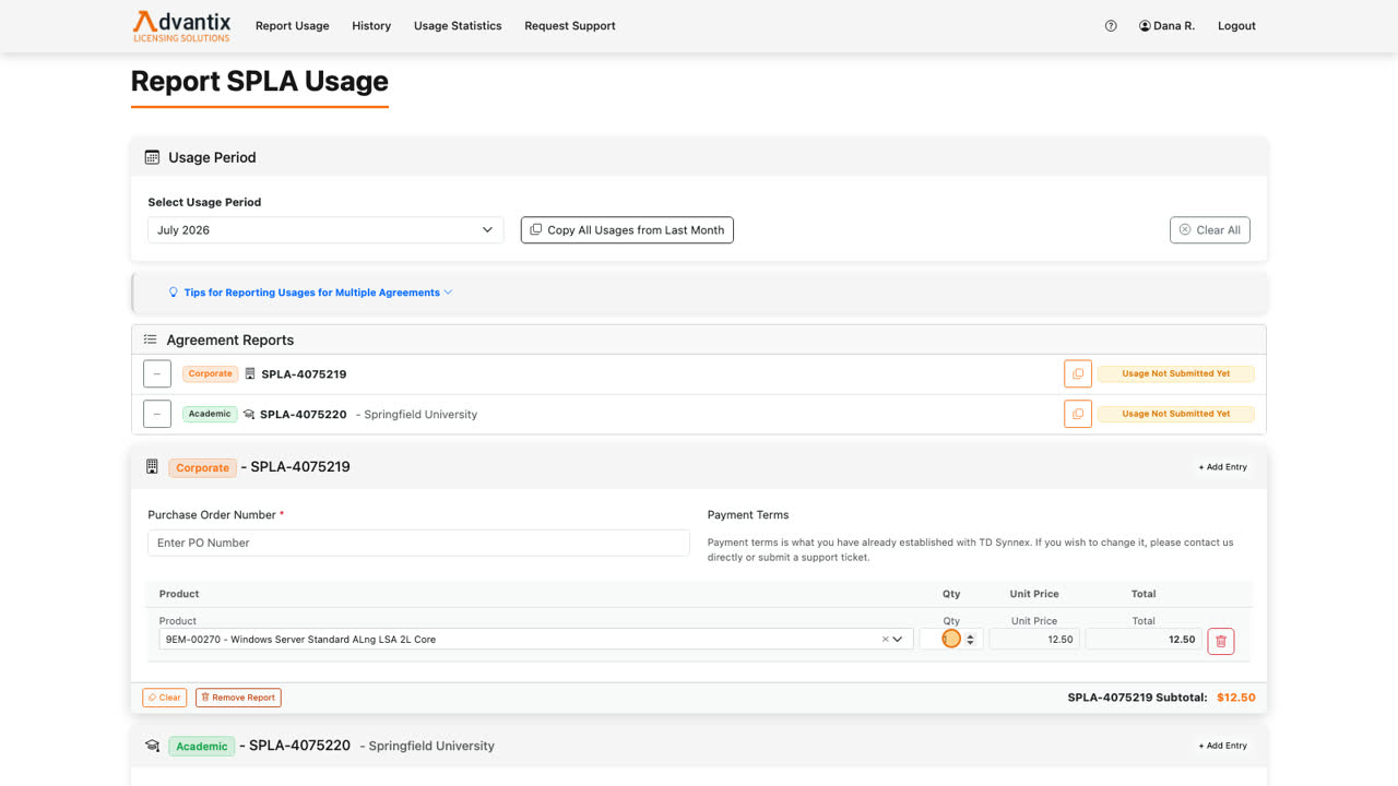 Enter the quantity for the month. A quantity of zero is allowed when a product had no usage this period, but negative numbers are rejected. We’ll start with just one license for now.