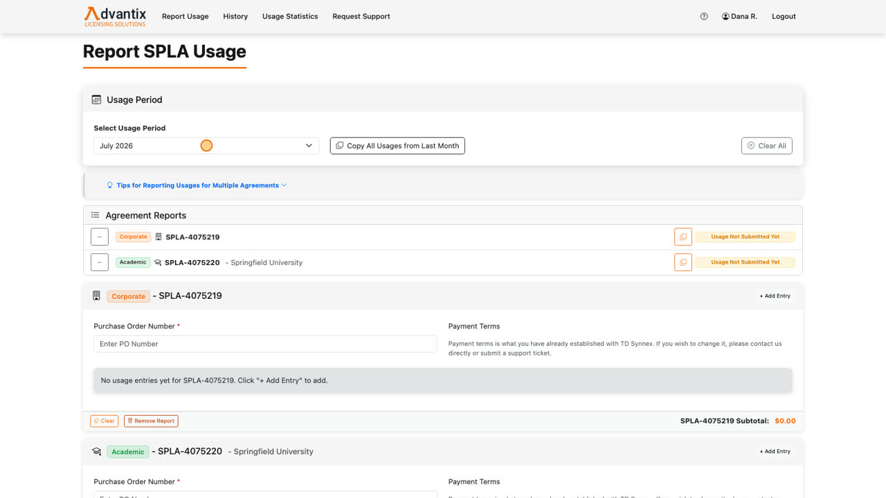 Open the Select Usage Period dropdown and choose the month you are reporting for — the most recent choice is the last complete month. Once a period is selected, the page unlocks and each agreement shows its reporting status.