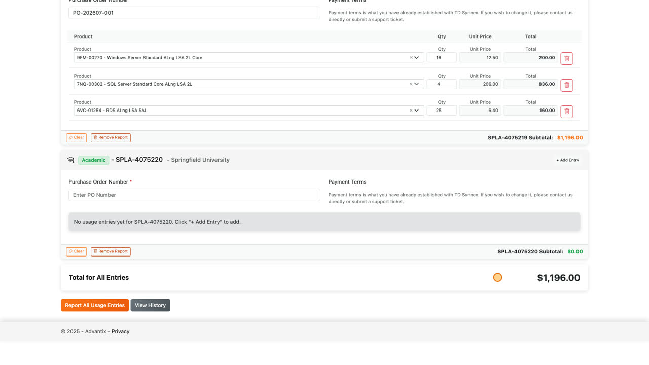 Each agreement card shows its subtotal, and the grand total for all agreements appears at the bottom of the page. Take a moment to review your quantities before reporting.