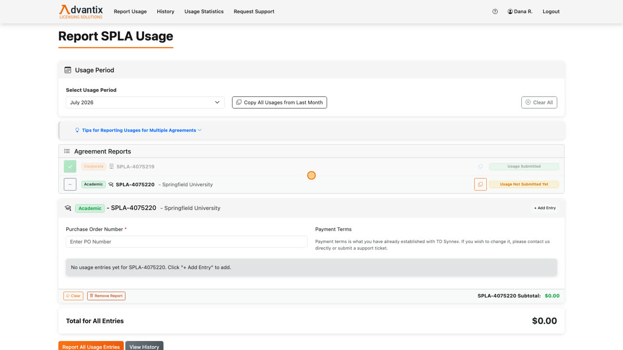 Notice the Corporate agreement we reported in the last chapter: its badge now reads Usage Submitted, its card is hidden, and it cannot be reported again for this period. That is the portal’s duplicate protection. To change an existing report, edit it from the History page instead.