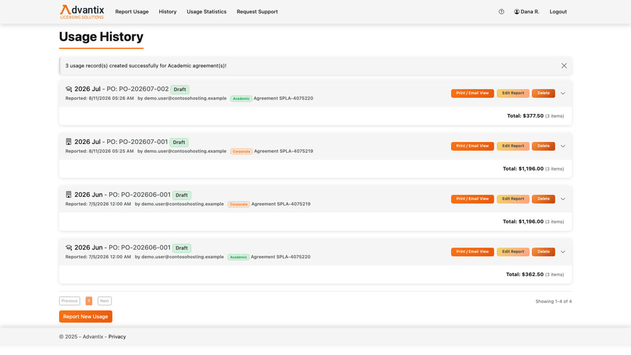 Click Report All Usage Entries, and the Academic agreement is reported for the month — copied in seconds, reviewed, and saved as a draft.