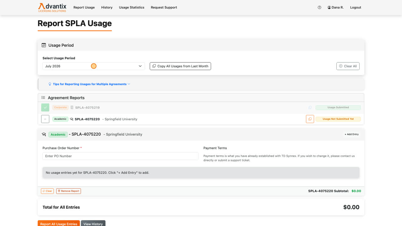 If your usage is similar month to month, the copy feature saves a lot of typing. Back on Report Usage, select the usage period first — copying is only available once a period is chosen.