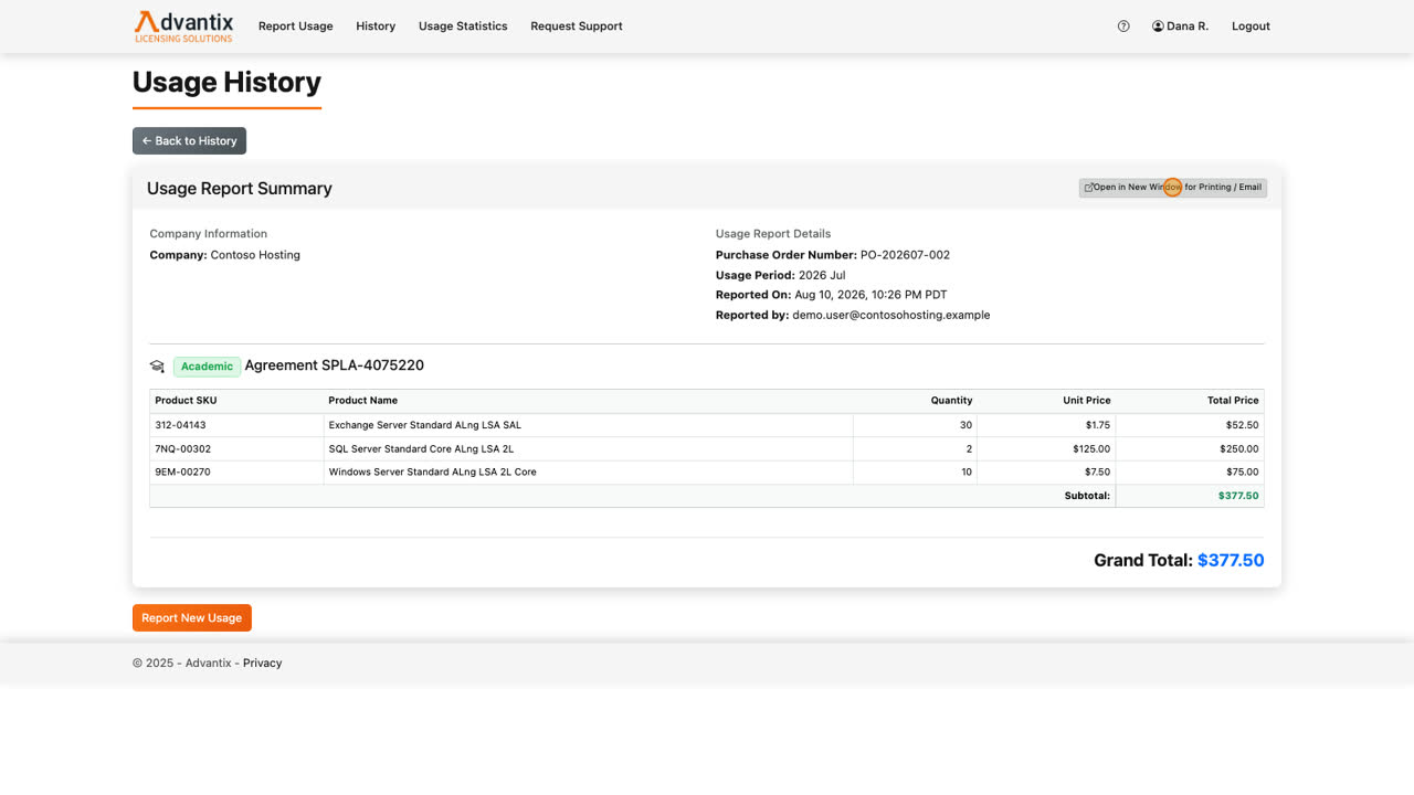 Click Print slash Email View on any report to see its full summary — products, quantities, totals, the PO number, and who reported it. From here you can open a printer friendly version in a new window, or email the summary.