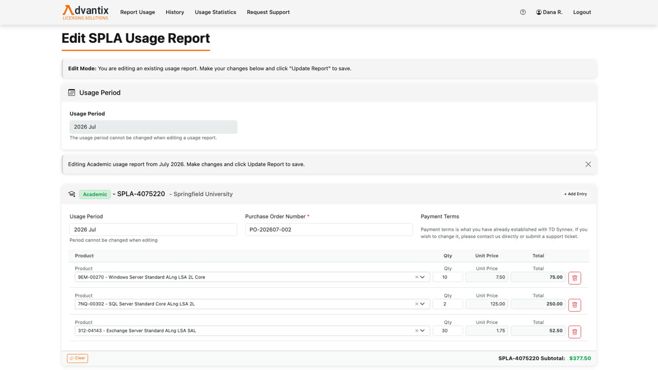 Need to correct something? As long as a report is still a draft, you can edit it. Back on History, click Edit Report and the report reopens in edit mode with the period locked in.