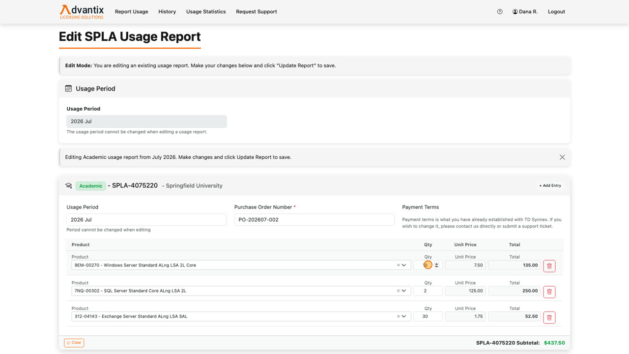 All the reported lines are here, ready to adjust. Let’s say two more servers came online after we reported — we update the quantity, and the totals recalculate.