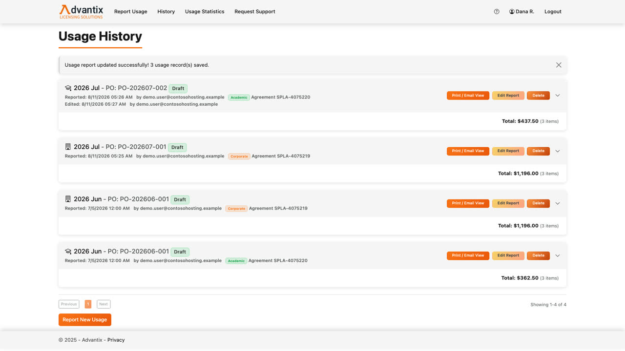 Click Update Report to save. The report keeps its history — the portal tracks who reported it originally and who edited it, with timestamps.