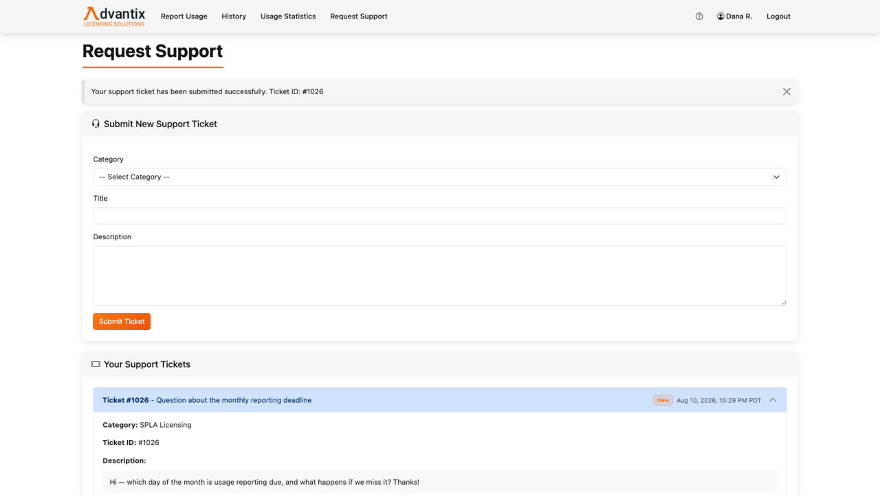 Click Submit Ticket. You’ll receive email updates as the team responds, and every reply is also recorded here in the portal.